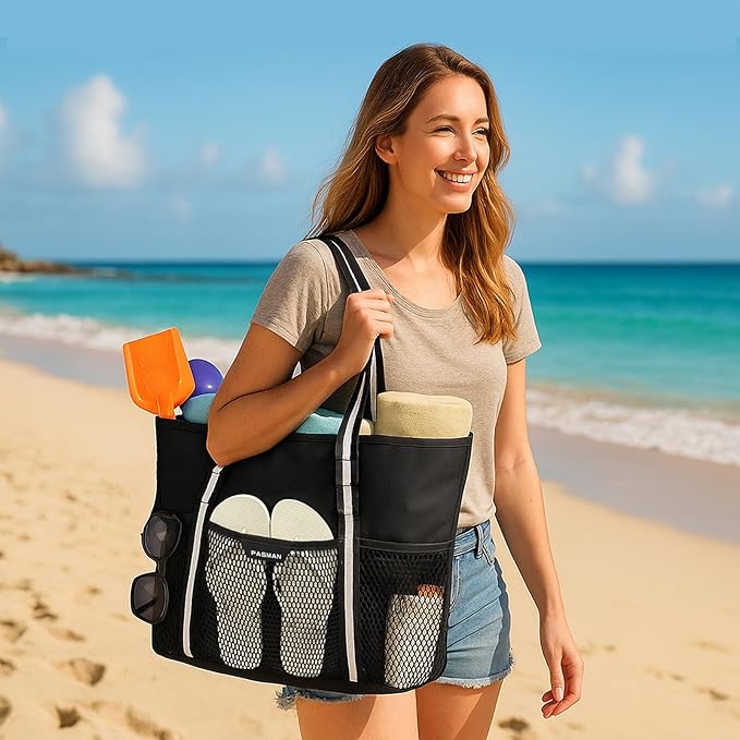 Large Beach Bag with Zipper-8 Pockets Sandproof Beach Tote Bag for Women,Foldable Lightweight Family Swim Bag Vacation