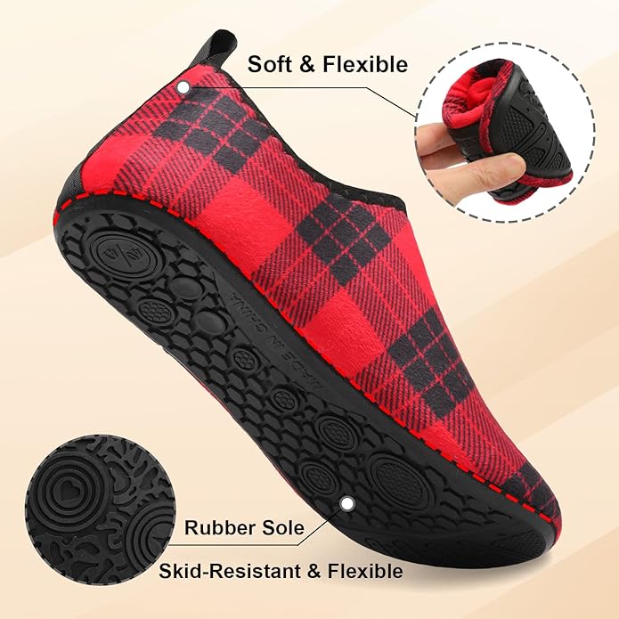 QFH Womens & Mens Cozy House Slippers - Portable Travel Shoes with Flexible Rubber Sole & Soft Velvet Lining