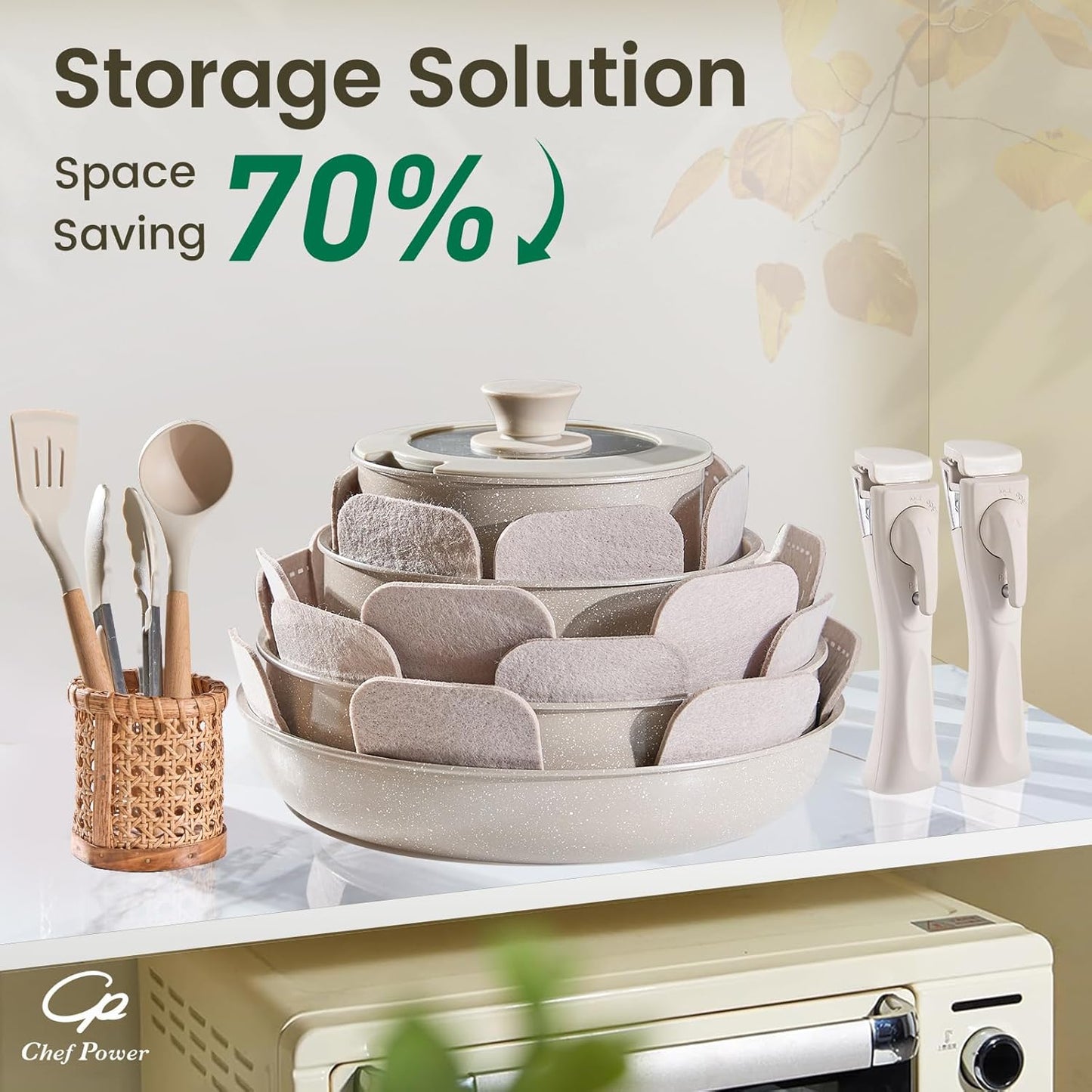 Chef Power Ceramic Nonstick Pots and Pans Set 19 Piece with Detachable Handle, Induction Dishwasher Oven Safe Cookware Set, RV Kitchen Set Removable Handle, Mocca Taupe