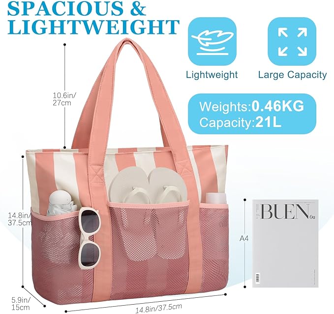 VASCHY Beach Bag for Women, Foldable Waterproof Sandproof Beach Tote with Zipper/Mesh Pockets for Vocation/Cruise/Gym/Travel