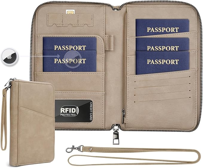 Family Passport Holder Wallet RFID Travel Document Organizer for Women Men, Portable Case Cover for Cards, Boarding Pass with Wrist & Neck Strap, Airtag Pocket, Travel Essentials Gifts (Sand, 1pack)