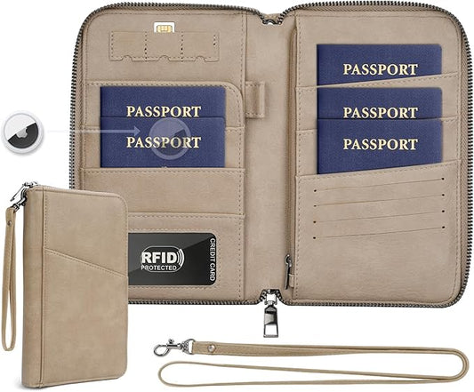 Family Passport Holder Wallet RFID Travel Document Organizer for Women Men, Portable Case Cover for Cards, Boarding Pass with Wrist & Neck Strap, Airtag Pocket, Travel Essentials Gifts (Sand, 1pack)
