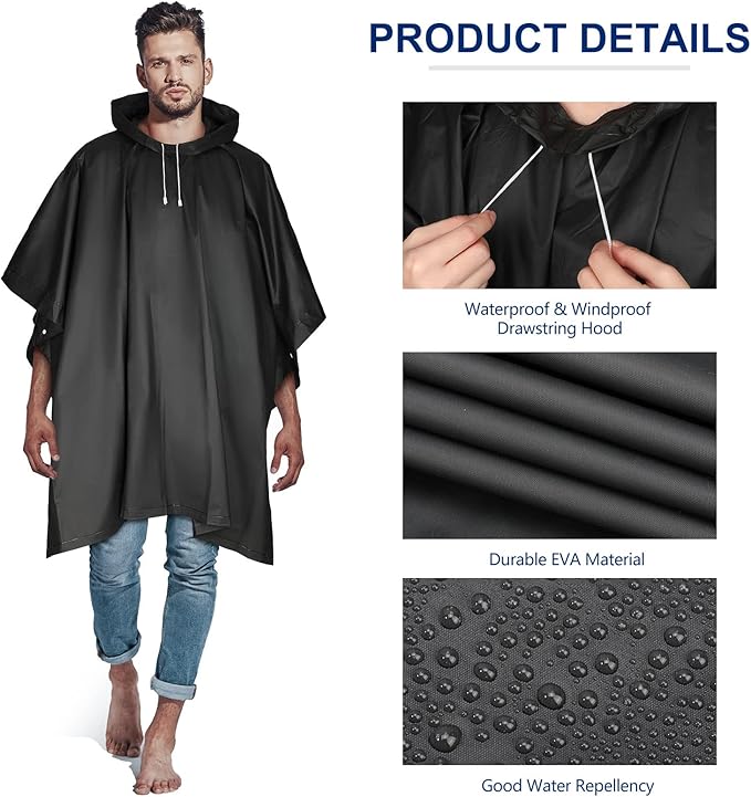 Zhehao 10 Pcs 10 Pcs Rain Ponchos for Adults with Drawstring Hood Reusable Raincoats Waterproof Thickened Rain Jacket for Men Women (Black)
