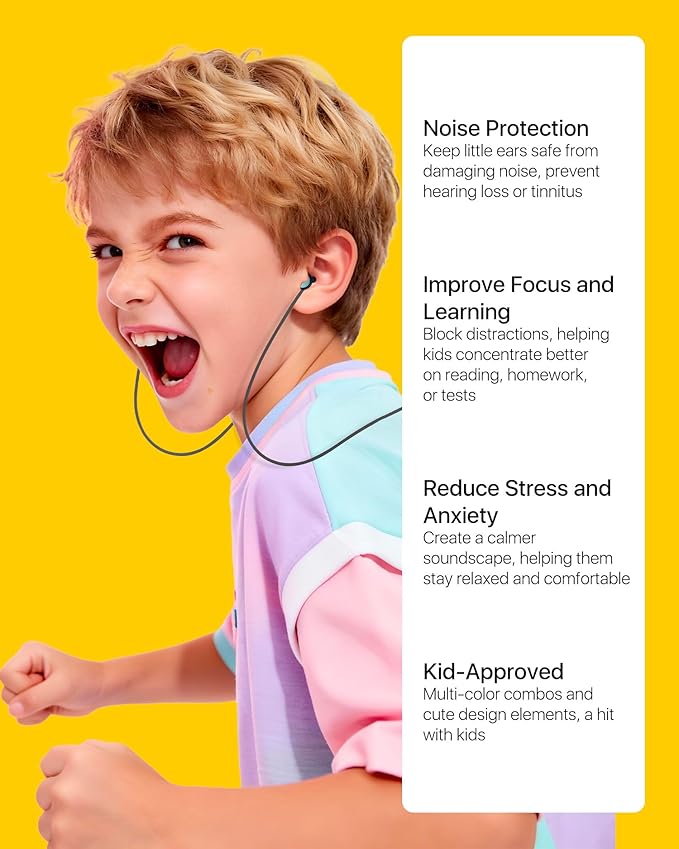 Kids Noise Reduction Ear Plugs(6+yrs) – Reusable Child Ear Protection for Sensitive Ears, Comfortable Earplugs for School, Travel, Focus, Concert, Sleep & Loud Events – 4 Sizes Ear Tips, 26dB,BKBU