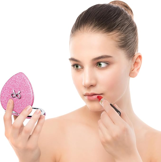 Compact Folding Mirror Heart Shaped Double-Sided 1X/2X Magnifying Mirror Cute Mini Glitter Makeup Mirror with PU Leather Ultra-Portable Cosmetic Mirror for Women Home Office Travel (Rose red)