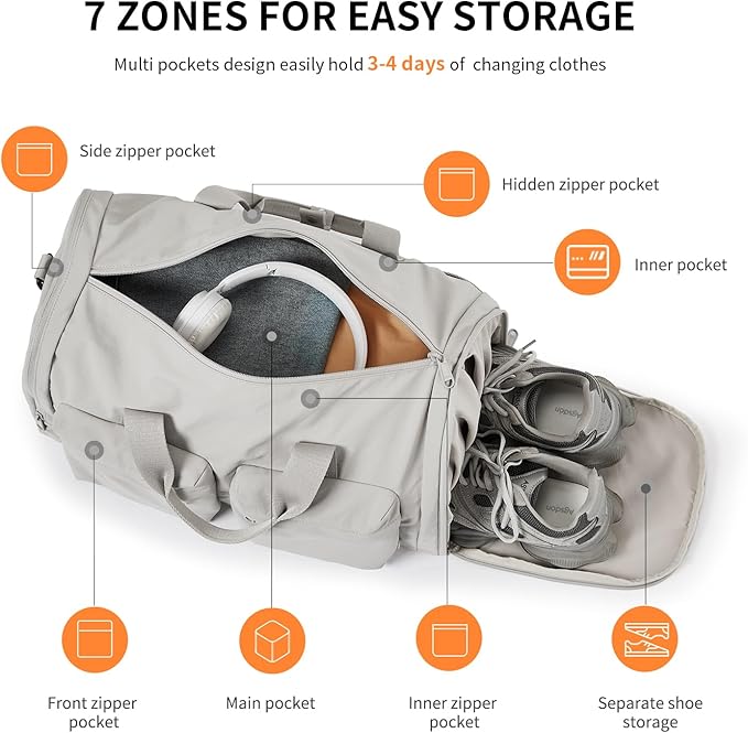 Foldable Travel Duffel Bag for Women with Shoes Compartment, 3 in 1 Carry on Gym Bag with Removable Dry Wet Bag, Lightweight&Water Resistant Duffel Bag for Travel,Sports&Workout, Elegant Gray