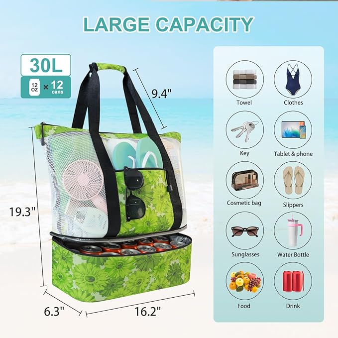 ASL Mesh Beach Bag with Cooler Compartment for Women, 2-in-1 Print Travel Tote 30L with Zipper and Pockets, Pool Picnic
