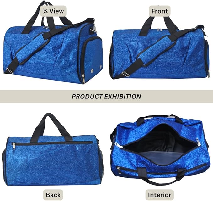 NGIL Glitter Cheers Sports Gym Duffel with Shoe Compartment and Small Carry on Travel Tote Bags for Women, Gym bag, Overnight bags for Women, Cheer Bag (Glitter-Royal)