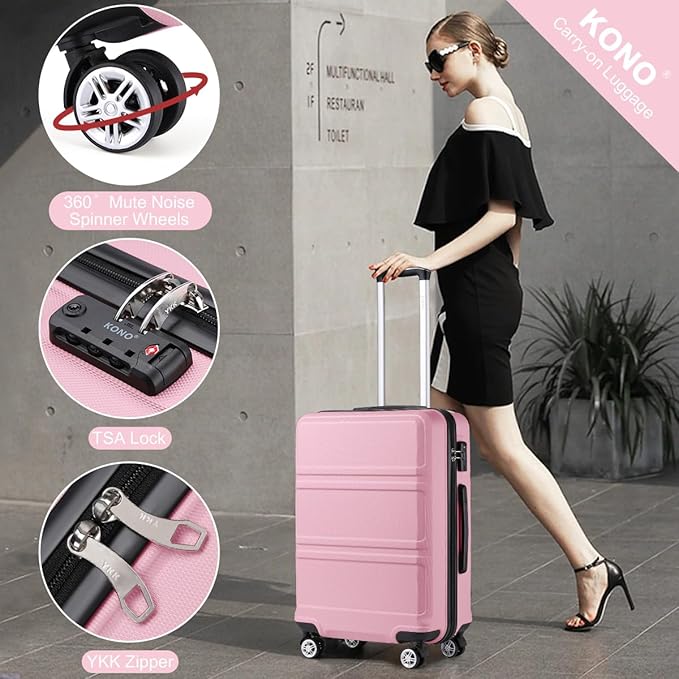 Kono 20" Carry on Luggage with Spinner Wheel TSA Lock, Lightweight PC+ABS Hardside Luggage Durable Small Carry on Suitcase Pink