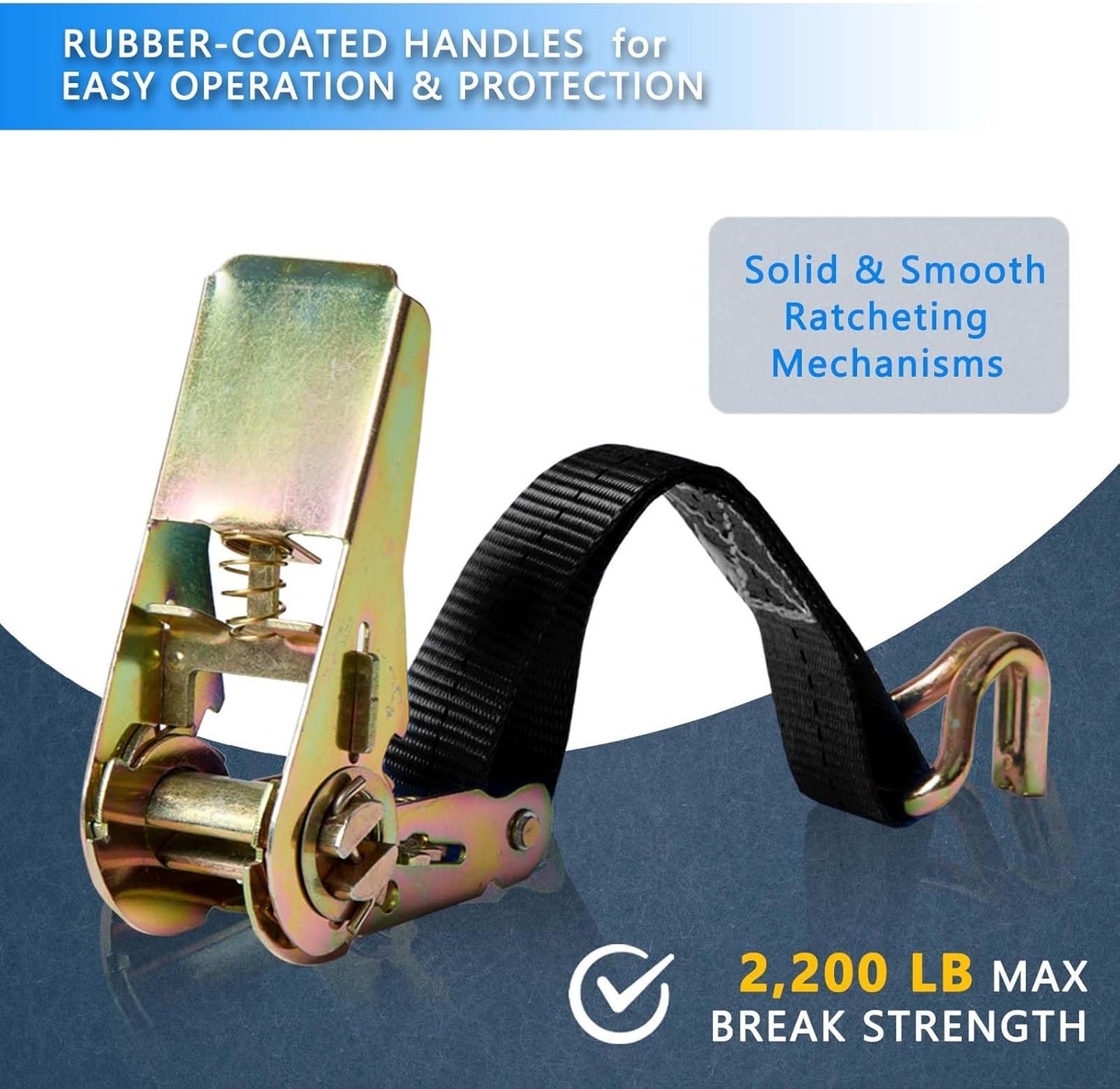 Black Ratchet Straps (4-Pack), 1 Inch x 16.4 Feet (2200lb Break Strength) with Sturdy Metal Hooks, 1x Work Gloves, Heavy Duty Tie Down Straps for Truck, Cargo Trailer, Motorcycle, Luggage, Moving