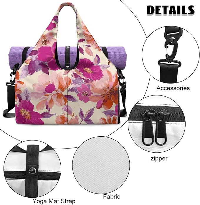 Vintage Floral Duffle Bag Women with Shoe Compartment and Yoga Mat Holder Pink Sports Duffel Bag with Wet Pockets for Women, Stylish Portable Fitness Sport Tote Bag