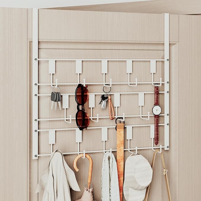 Over The Door Hooks for Hanging, 14 Hooks Over Door Coat Hanger, Coat Clothing Rack and Towel Rack for Bathroom Organizer, Door Hanger Organizer Kitchen, Bathroom Towel Storage Decor White