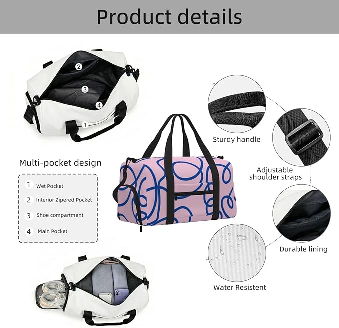 Abstract Line Art Retro Pink Blue Women'S Gym Duffle Bag With Shoes Compartment, Ideal For Travel, Gym, Sports, Duffel, Weekender
