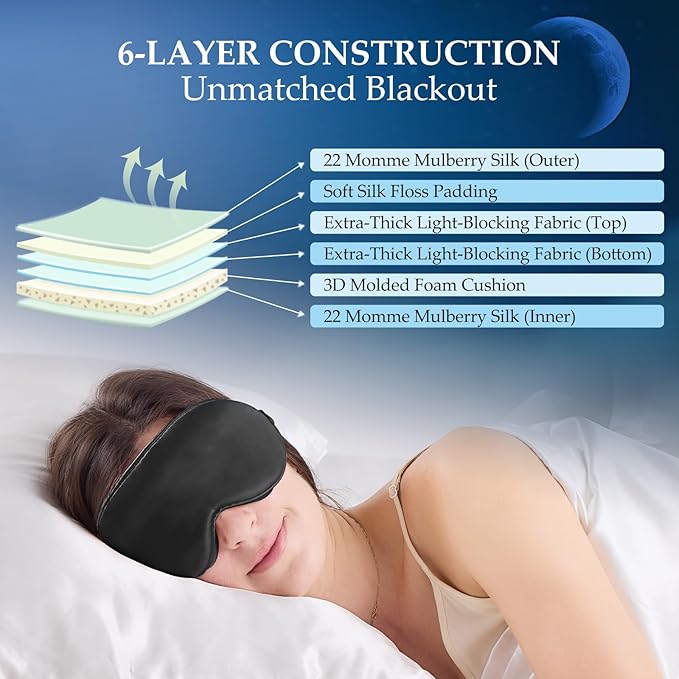 100% 22 Momme Mulberry Silk Sleep Mask with Adjustable Strap, 3D Contoured Cup Silk Eye Mask for Sleeping, Total Black Out, Black
