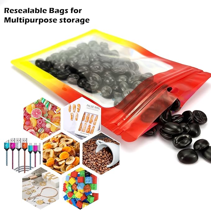300 Pcs Reusable Holographic Mylar Bags, 3 Sizes, Smell Proof, Airtight, Multi-layered Polyethylene (PE) with Zipper Closure, Red Yellow
