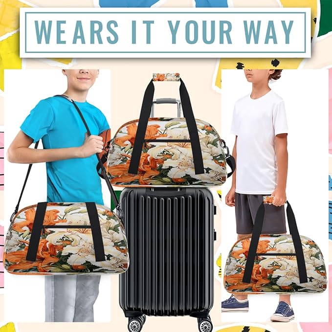Travel Duffle Bag, Orange White Flowers Waterproof Weekender Overnight Bags for Women Men Lightweight Carry on Duffle Gym Bag for Travel, Sports, Fitness, Workout