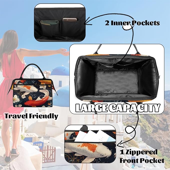Asian Style Kois Overnight Weekender Bag for Women Men Travel Duffel Bags Waterproof Luggage Carry on Sports Yoga Gym Bag
