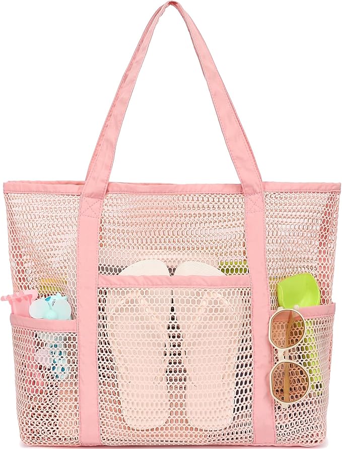 Fammart Mesh Beach Bag for Women, Casual Hobo Bags Large Beach Tote for Pool Travel Cruise Vacation Essentials