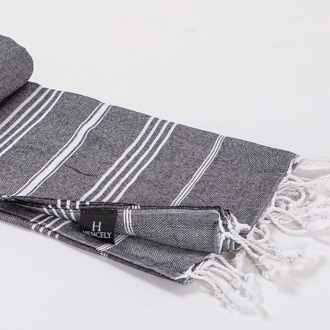 Hencely Turkish Beach Towel 37x68 Oversized, Sand-Free, Quick-Dry, Lightweight - Travel Essential for Pool & Bath - Striped 100% Cotton Bathroom Towels Accessories Gift (Black)