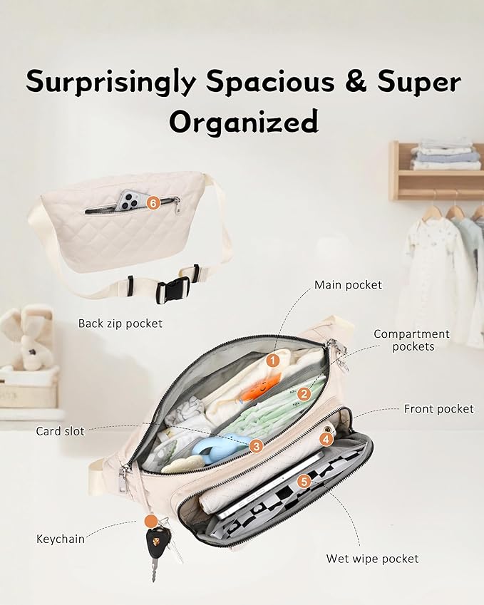 MYHOZEE Small Diaper Bag Fanny Pack - Baby Bag with Waterproof Changing Pad and Wipes Dispenser Quilted Nylon Crossbody Bags for Mom Baby Compact Diaper Purse Cross Body Purses