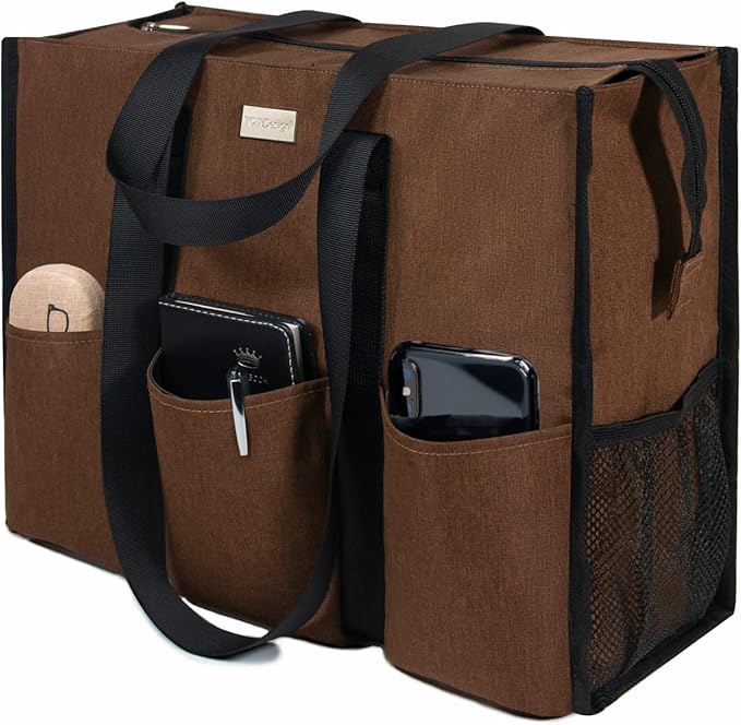 TOPDesign Utility Water Resistant Tote Bag with 13 Pockets, Top Zipper Closure & Thick Bottom Support, for Working Women