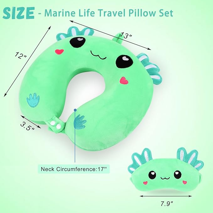 Travel Pillow, Kids Travel Pillow with Sleep Eye Mask Soft Memory Foam Kids Neck Pillow for Boys & Girls, Travel Accessories for Car Airplane Traveling - Green Axolotl