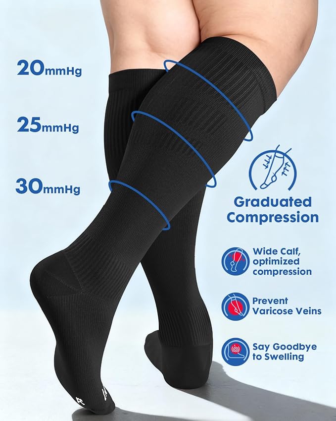 Wide Calf Compression Socks for Women - 3-Pair Plus Size 20-30mmHg Ankle Support Easy on off Socks for Travel Nurse