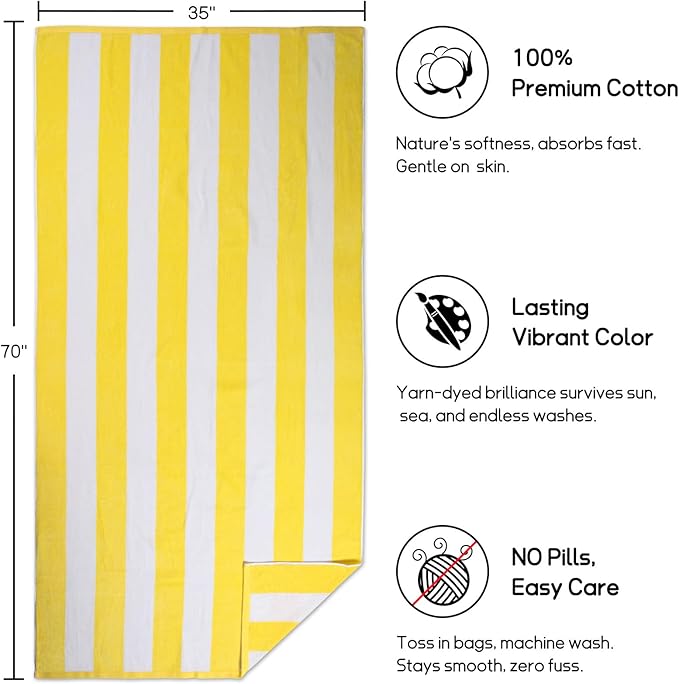 cabanana Large Oversized Beach Towel - 35 x 70 Inch Cotton Pool Towel, Yellow Striped Soft Cabana Swim Towel
