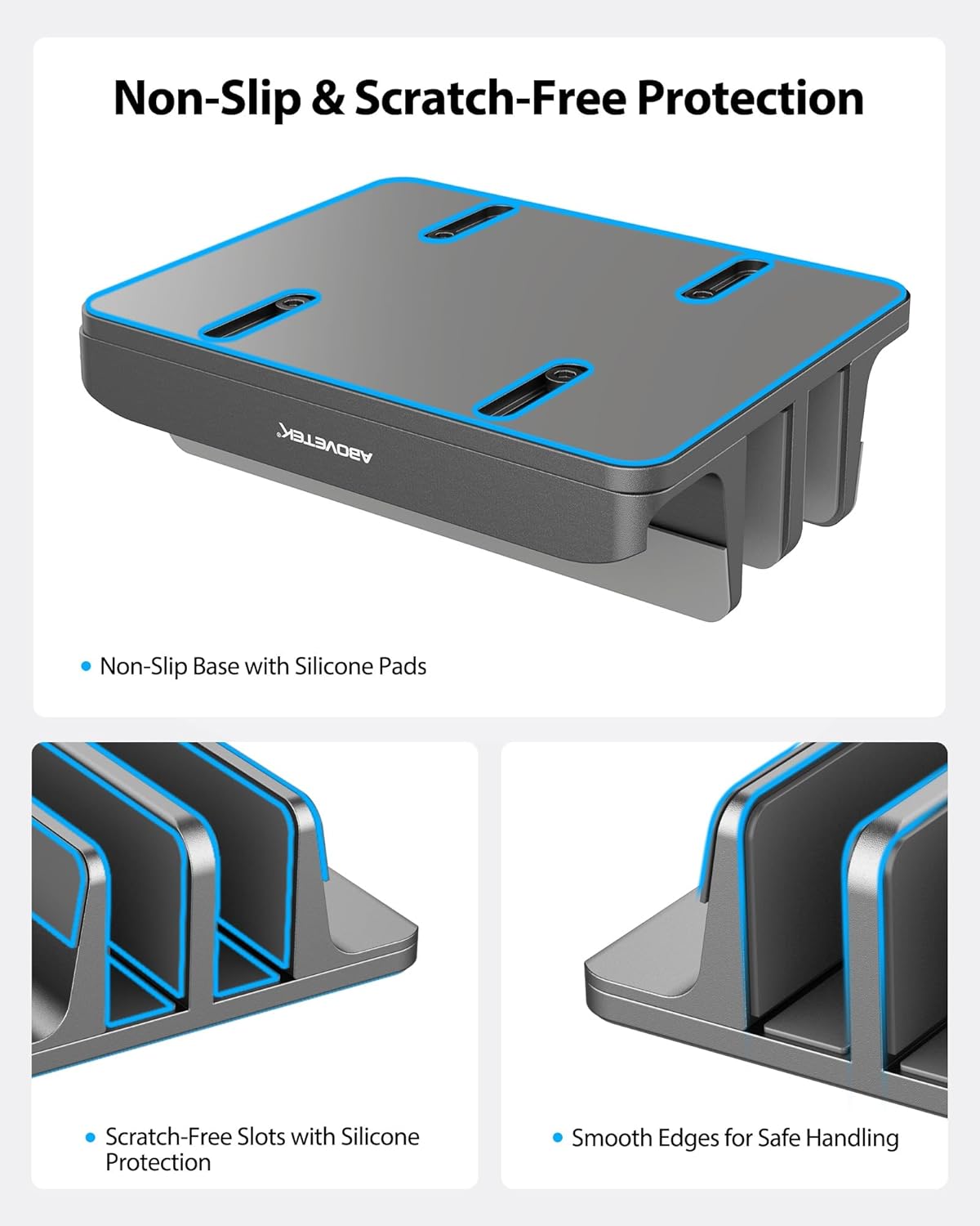 AboveTEK Vertical Laptop Stand, 3 Slots Aluminum Desk Laptop Holder & Laptop Docking Station Stand for MacBook, Tablet, Phone - Universal Fit (Up to 17.3") - Heavy Duty Polished, Anti Slide - Grey