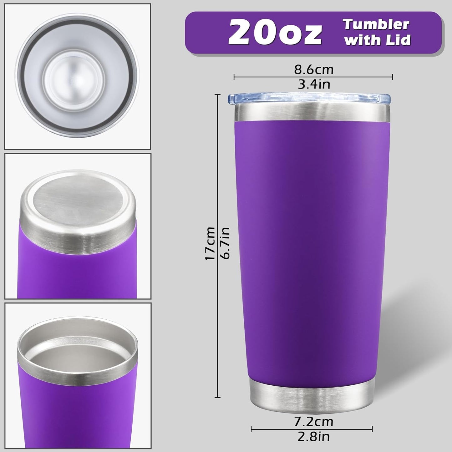 20oz Tumbler Bulk Stainless Steel Tumblers with Lid Vacuum Insulated Double Wall Travel Coffee Mug Powder Coated Tumbler Cup for Hot and Cold Drinks(Purple, 6 pack)