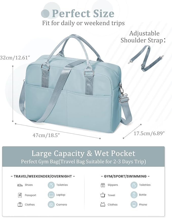 Gym Bag for Women,Travel Duffle Bag for Travel with Wet Pocket Weekender Overnight Carry On Tote Bag Luggage Bag with Trolley Sleeve Personal Item Travel Bag Hospital Diaper Bag Blue
