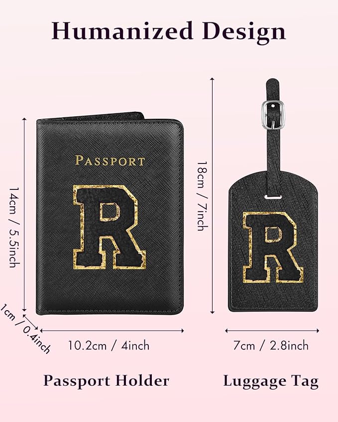Slohif Passport Holder Initial Lugguage Tag Set Suitcase Cover Wallet Case for Travel Women - Leather Letter Passport Book Personalized Organizer Card Protector Sleeve Essentials Slim Carrier Black R
