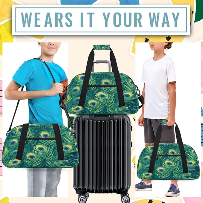 Kids Duffle Bag Girls Boys Green Peacock Feather Eyes Weekender Overnight Bag,Lightweight Duffel Bags for Traveling Gym Sport Dance