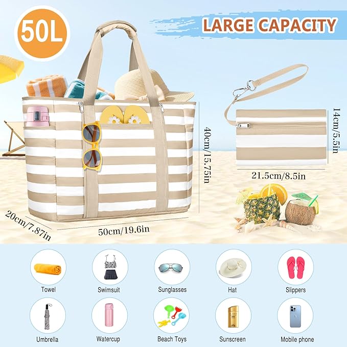 Extra Large Beach Bags for Women, Waterproof Sandproof Beach Tote Bag Foldable Swim Pool Bag with Zipper and Wet Pocket