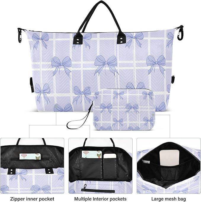 Travel Duffle Bag, Grid Background Purple Bow Pattern Gym Bag with Storage Bag Weekender Overnight Bag for Men Women Trip Sports Yoga