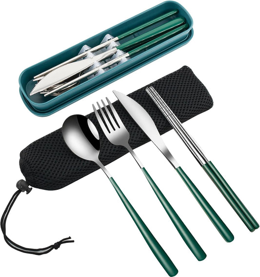 VANRA 4-Piece Portable Travel Utensils Set with Case 18/8 Stainless Steel Flatware Set Reusable Cutlery Set with Fork Spoon Knife Chopstick for Lunch Travel Camping School Work Picnic (Deep Green)