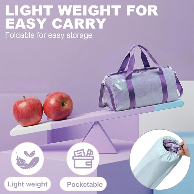 Gym Bag Sports Duffle Bag with Wet Pocket Weekender Overnight Bags with Waterproof Shoe Pouch and Air Hole for Girls Kids Women Workout Travel Bags (Purple)