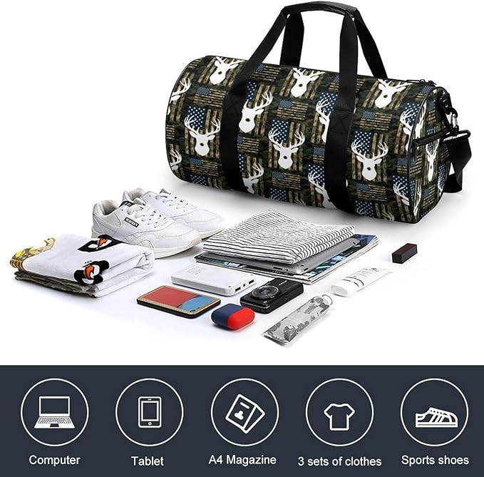 Beach Swim Bags American Flag Camo Deer Men Women Duffle Bag Foldable Gym Bag Lightweight Travel Sports Bags for Men and Women