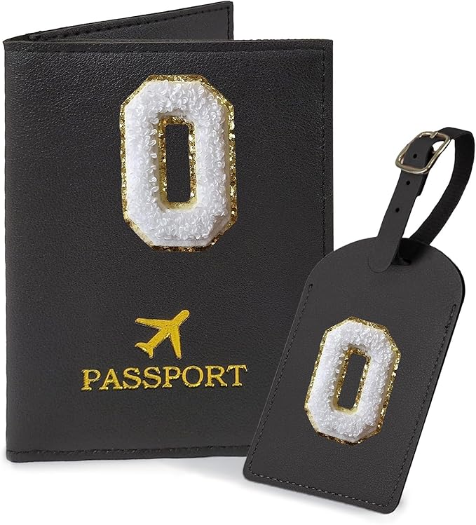 COSHAYSOO Black Passport Cover and Luggage Tag Set TSA Approved with Her Initial Chenille Letter Patch, Trendy Traveling Bag Backpack Suitcase Identifier Christmas Gifts for Women Girls (O)
