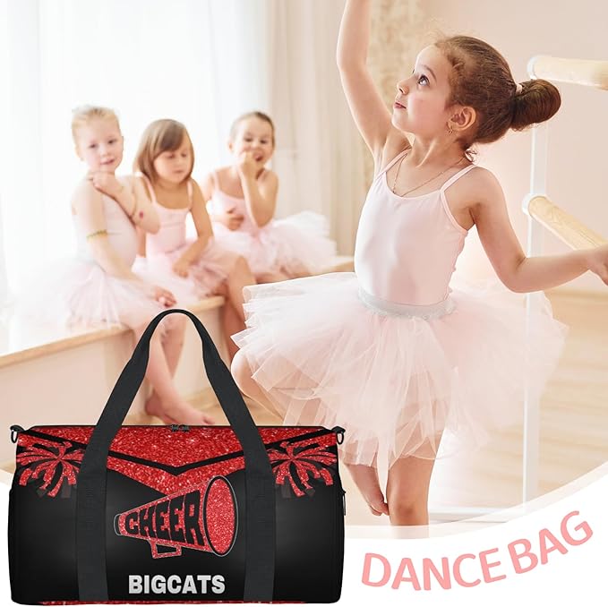 Personalized Sport Cheer Dance Bag Custom Red Glittering Cheerleader Pom Poms Duffle Gym Bag Customized Travel Overnight Tote with Name or Text