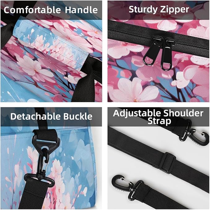 Sports Duffel Bags, Pink Cherry Blossom Tree Water-Resistant Gym Duffle Bag for Men Women, Lightweight Weekender Overnight Bag for Fitness, Workout, Travel