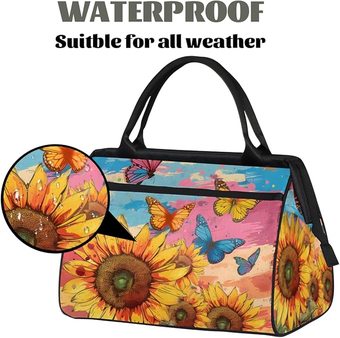 Sunflowers Butterfly Overnight Weekender Bag for Women Men Travel Duffel Bags Waterproof Luggage Carry on Sports Yoga Gym Bag
