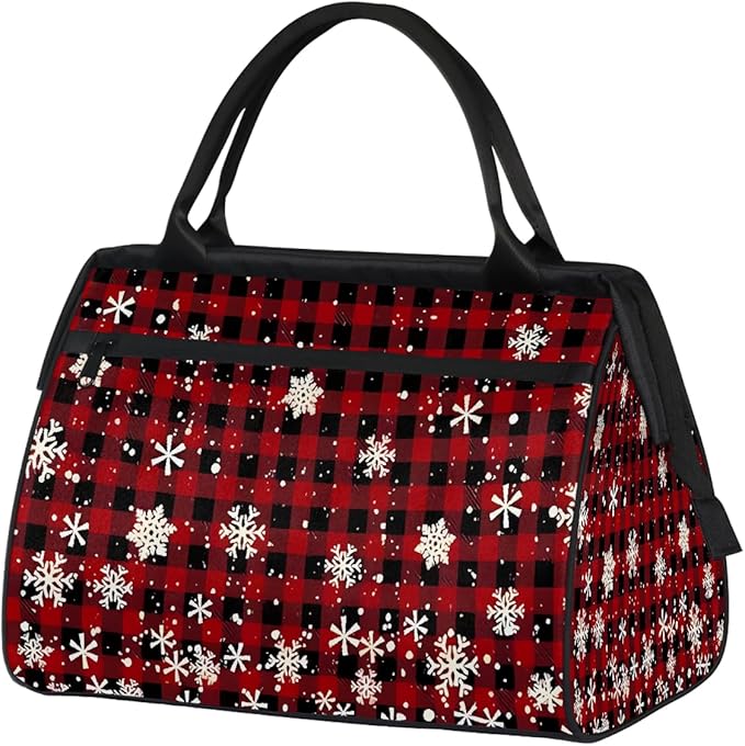 Winter Snowflake Buffalo Plaid Travel Duffel Bag, Waterproof Sports Gym Duffle Bag, Large Capacity Weekender Carry On Overnight Bags for Women Men