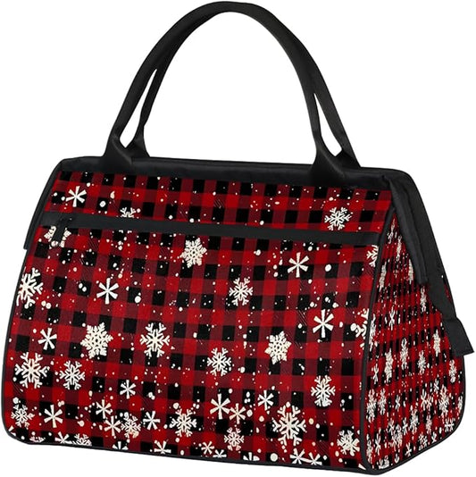 Winter Snowflake Buffalo Plaid Travel Duffel Bag, Waterproof Sports Gym Duffle Bag, Large Capacity Weekender Carry On Overnight Bags for Women Men