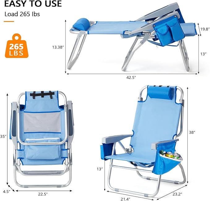 VINGLI Backpack Beach Chair 2 Pack, with 5-Position, Cup Holders, Cooler Bag, Towel Bar, Lightweight Folding Beach Camping Chairs for Adults(Blue-13)