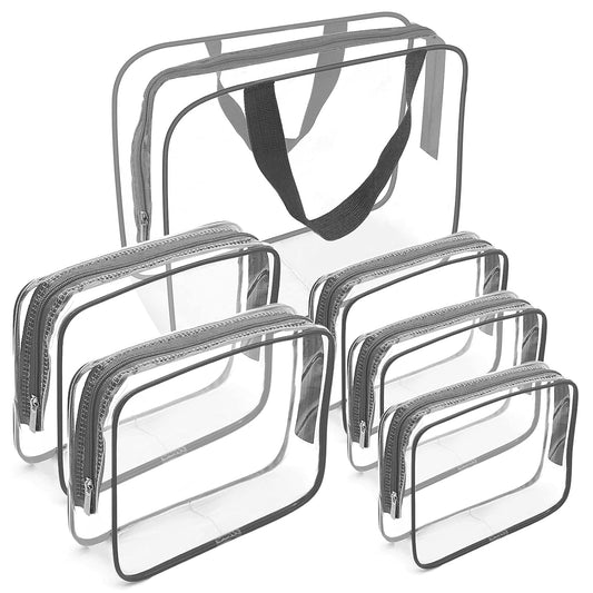 APREUTY Clear Makeup Bags, TSA Approved 6Pcs Cosmetic Makeup Bags Set Clear PVC with Zipper Handle Portable Travel Luggage Pouch Airport Airline Bags Bathroom (Gray)