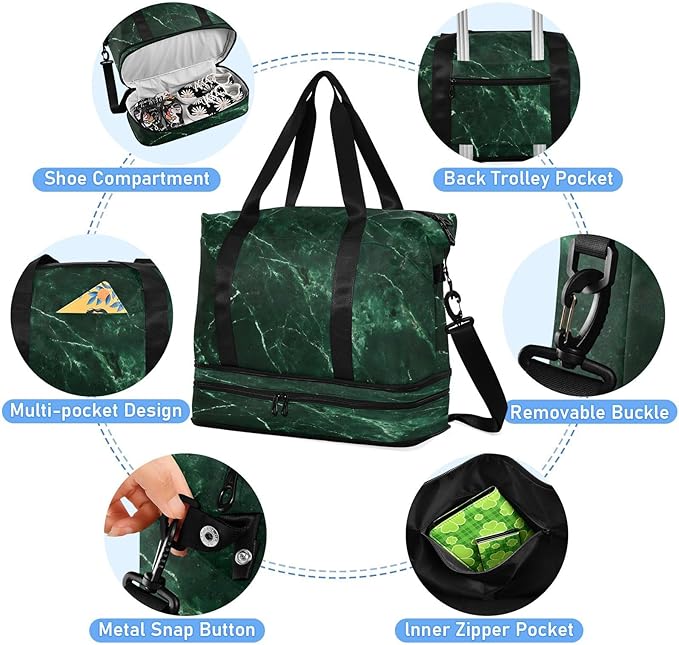 Travel Duffel Bags for Women Emerald Green Marble Print Sports Duffel Bags Gym Bags with Shoes Compartment Tote Bag Weekender Bag for Travelling