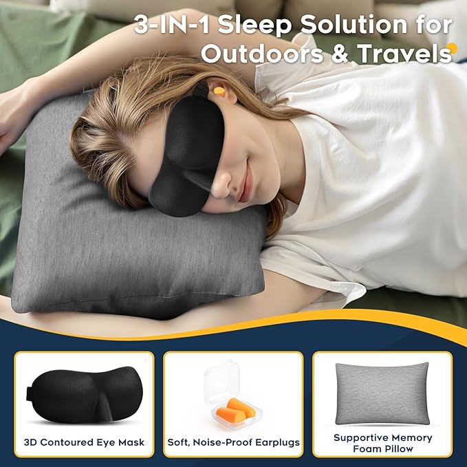 All-in-1 Travel Pillow Set - Shredded Memory Foam Neck Pillow Camping Pillow with Eye Mask, Earplugs, Washable Cover, Compact for Backpacking, Camping, Flights, Car Travel (Medium Size)