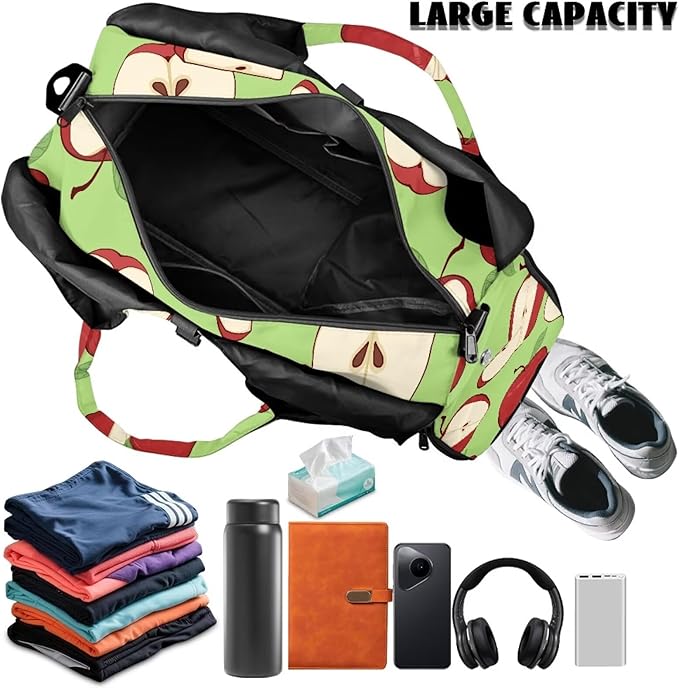 Apple Print Gym Bag that Holds Yoga Mat for Women Portable Green Duffel Bag with Pockets, Workout Bag with Shoe Compartment, Fitness Workout Sports Bag