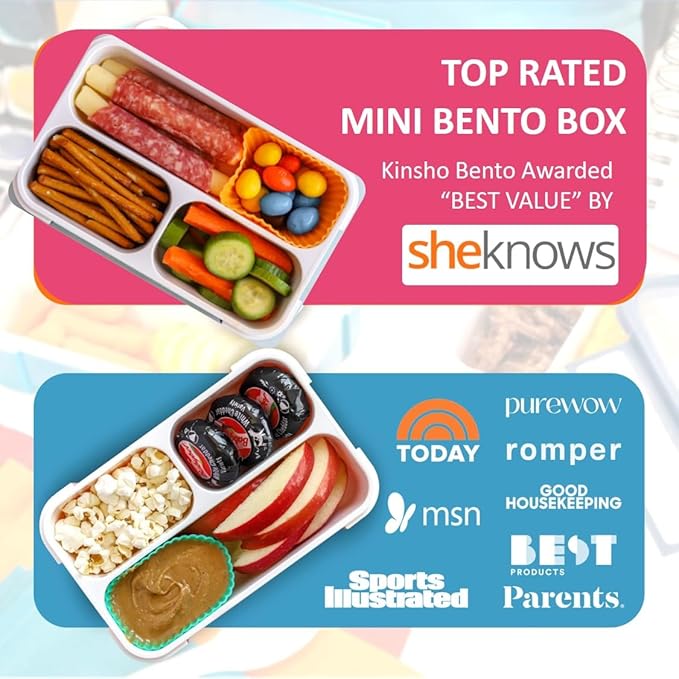 Kids Glitter Snack Container - Mini Bento Lunch-Box, Small Leakproof Container Boxes for Toddlers Girls Snacks Lunches, 3 Compartment - School Daycare Portion Containers, Pink Purple Sparkle Set of 2